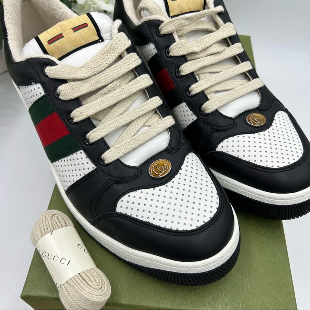 Men’s Gucci, low top screener sneakers, black/white paneled leather design 12.5 - Picture 4 of 12